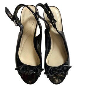 Black patent leather bow embellished espadrille‎ wedges sandals women size 9.5